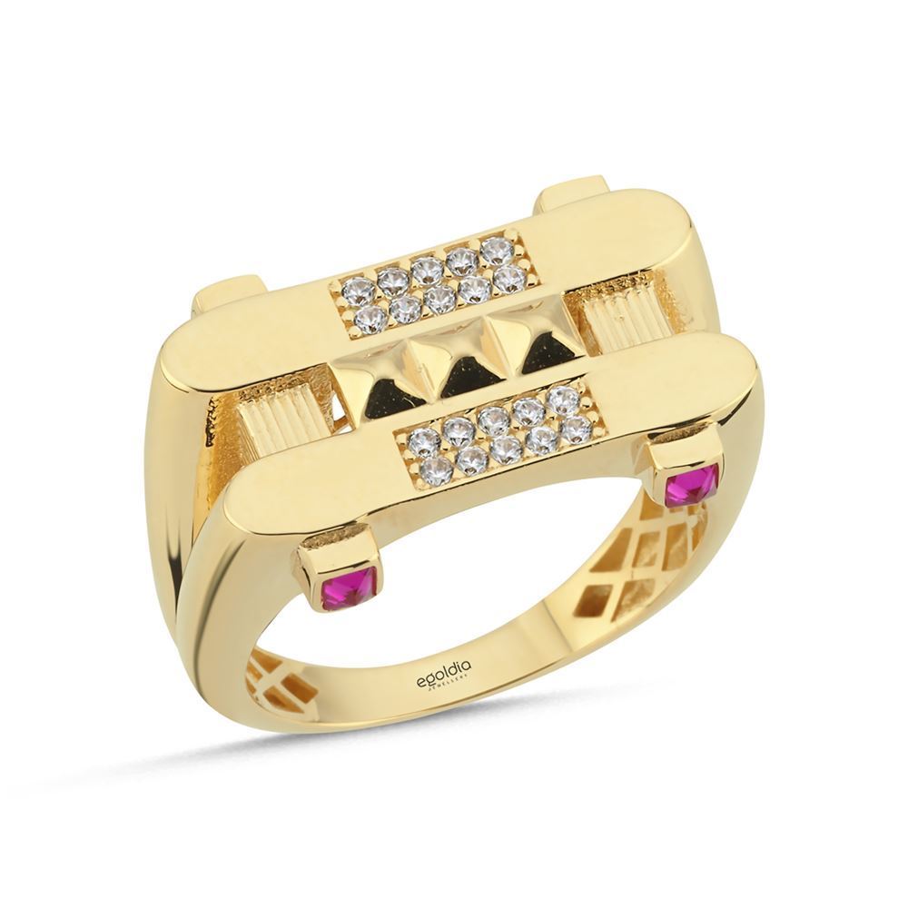 Dörtgen Tasarım Pembe Taşlı Yüzük