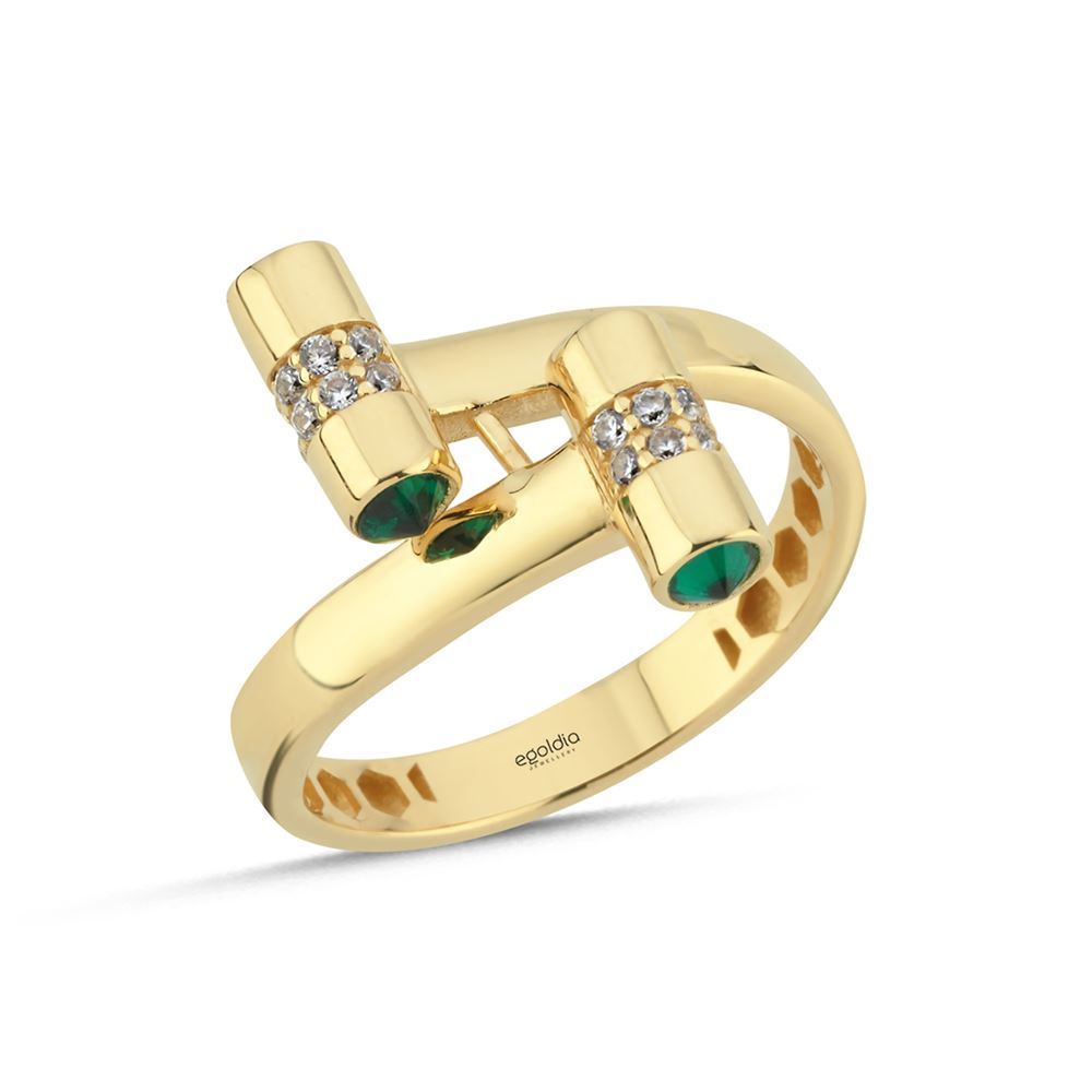 İki Kol Çubuk Tasarım Yeşil Taşlı Yüzük