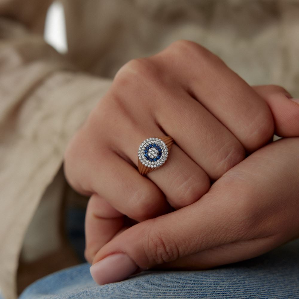 Oval Çizgi Tasarım Mavi Beyaz Taşlı Yüzük