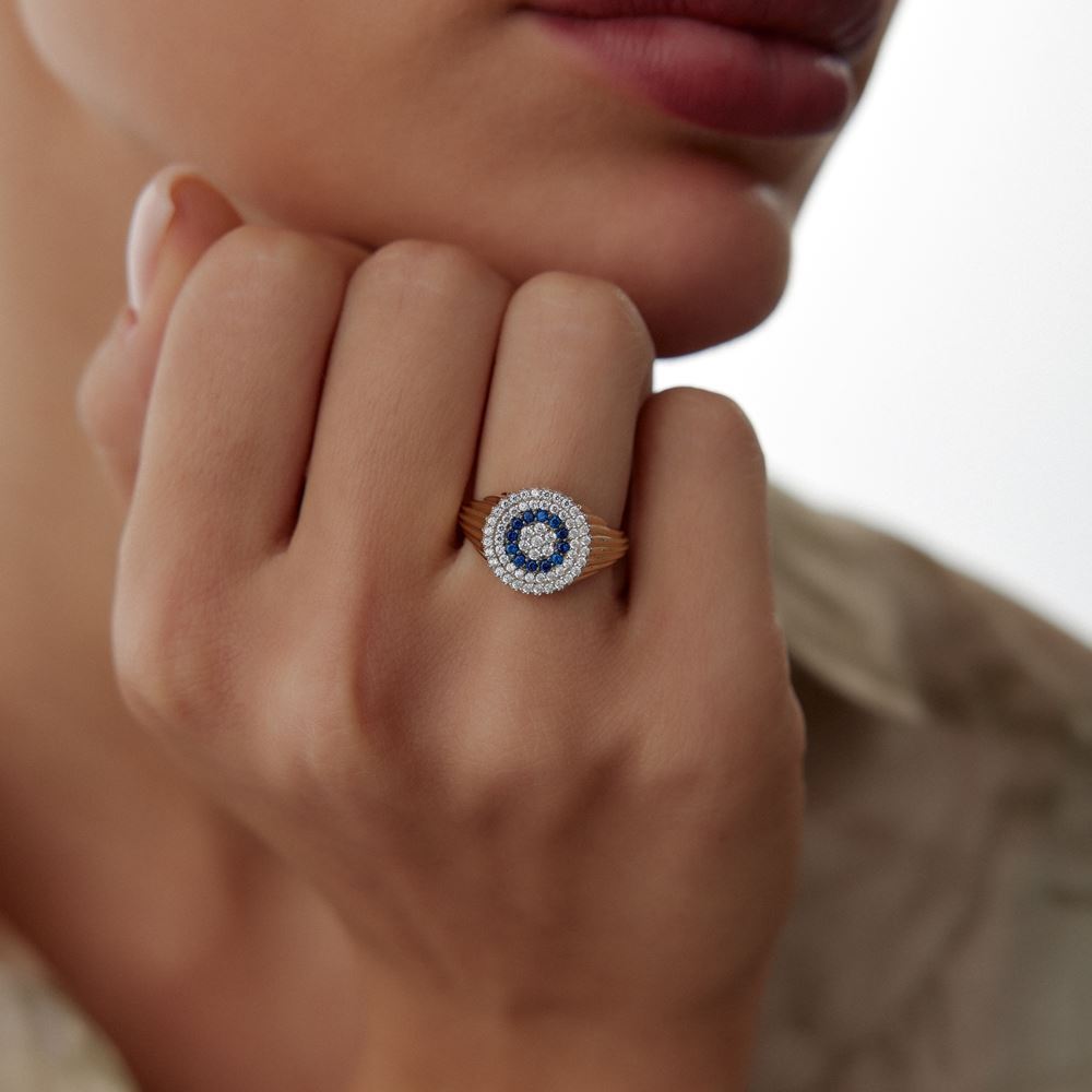 Oval Çizgi Tasarım Mavi Beyaz Taşlı Yüzük