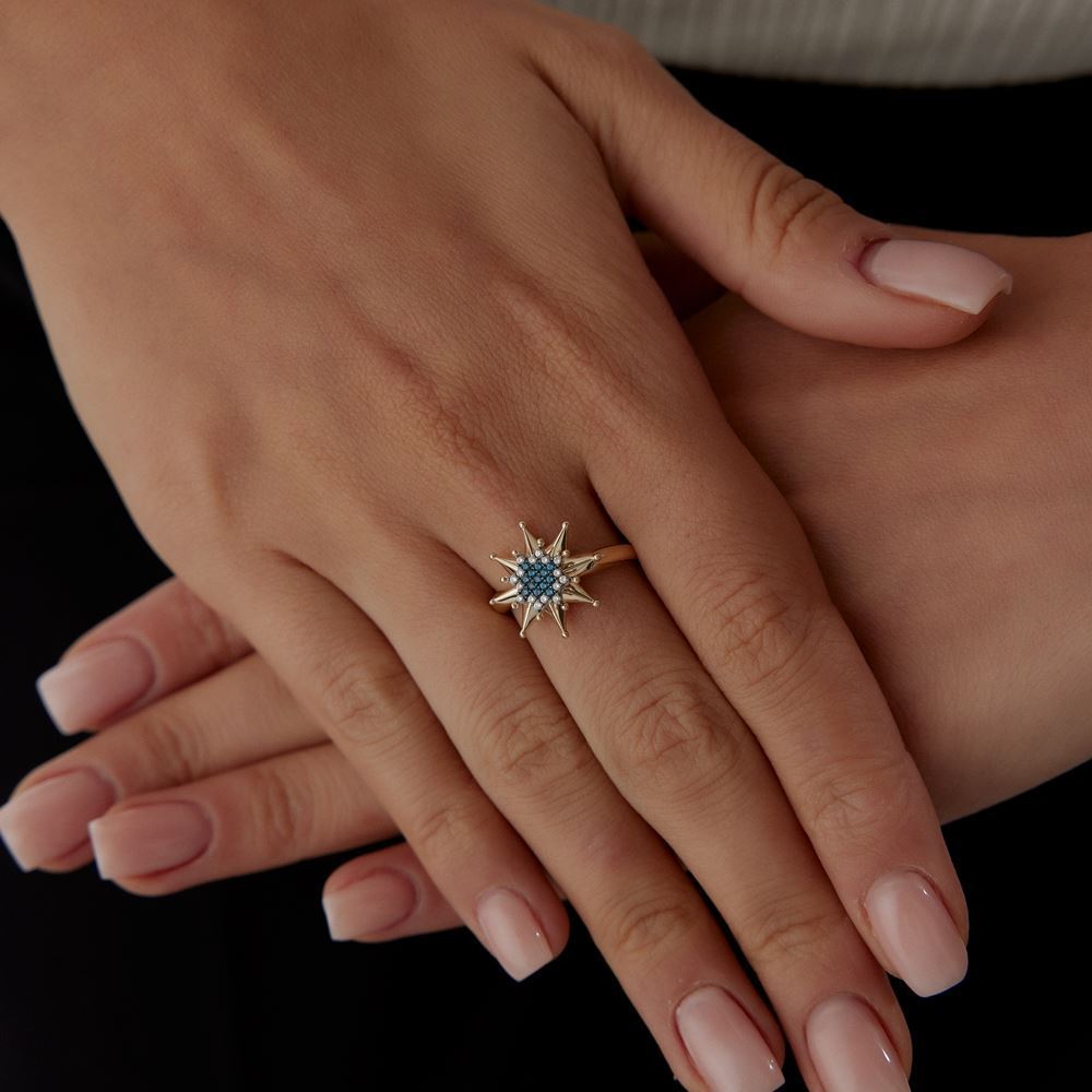 Yıldız Tasarım Beyaz Ve Mavi Taşlı Yüzük
