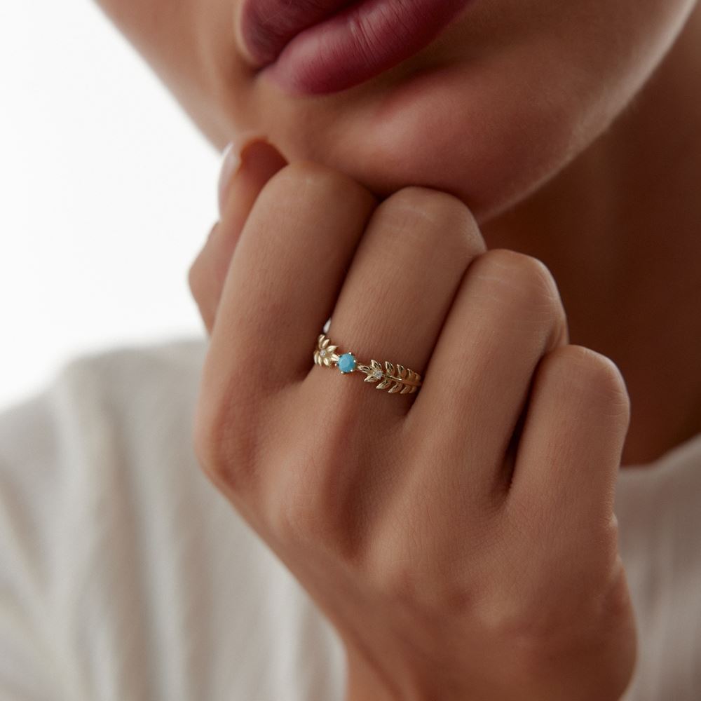 Yaprak Tasarım Turkuaz Mineli Yüzük