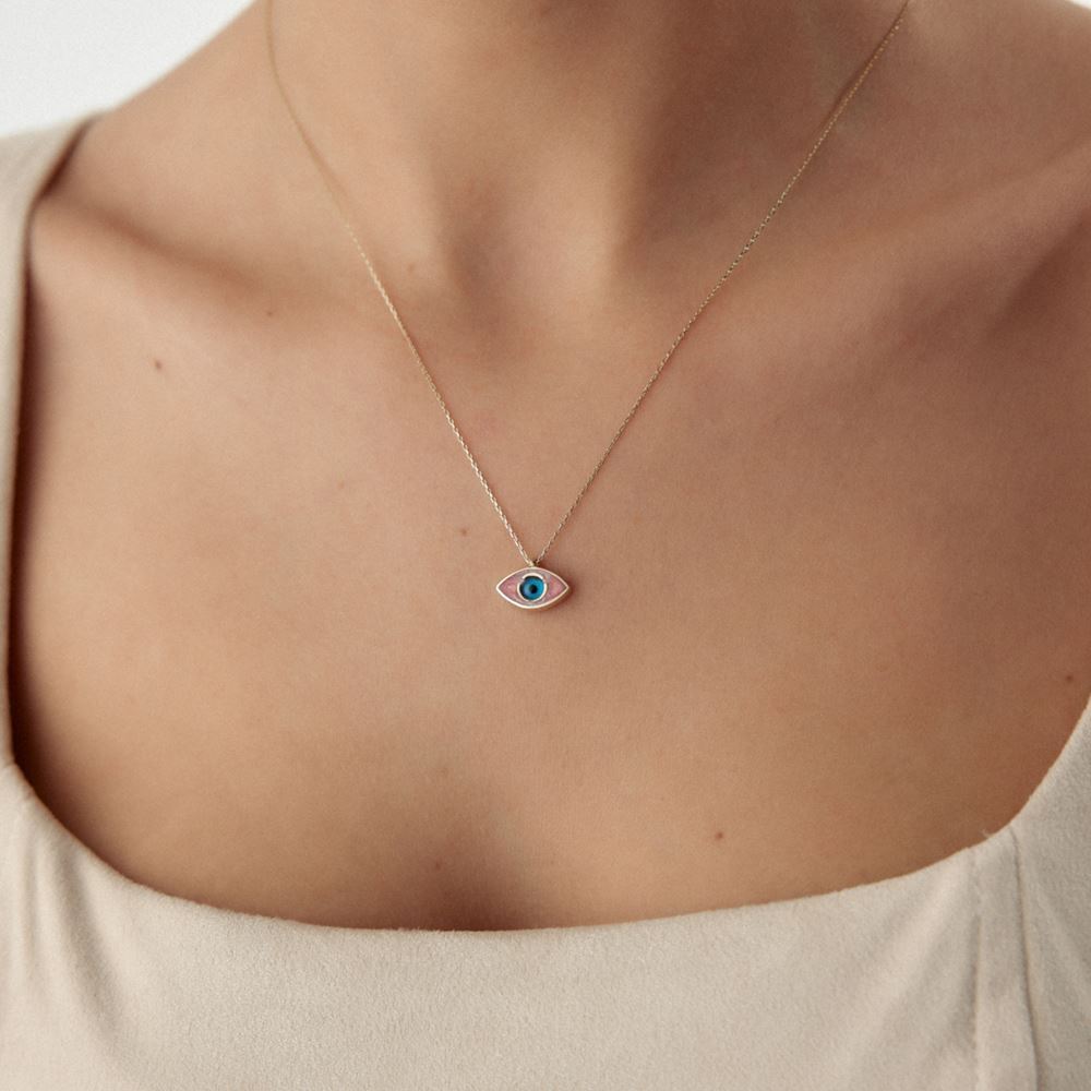 Pembe Gözlü Mineli Kolye