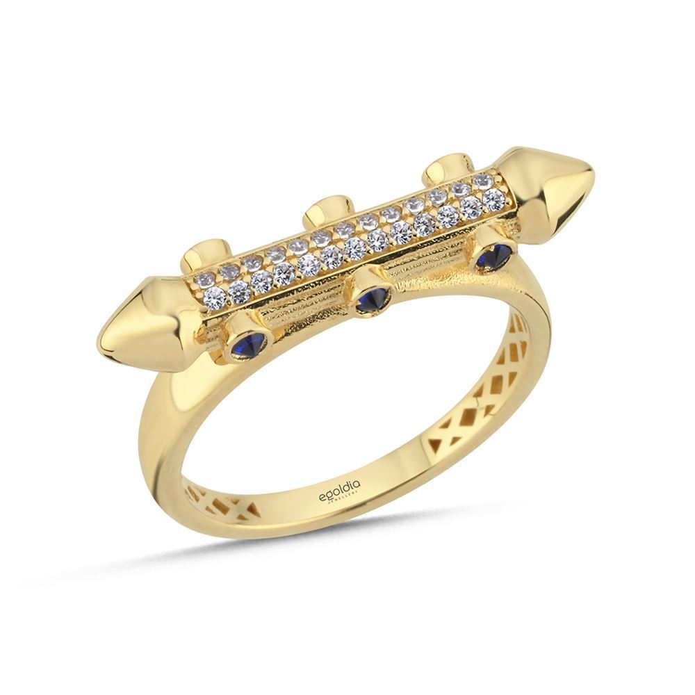 Tek Ok Tasarım Mavi Beyaz Taşlı Yüzük